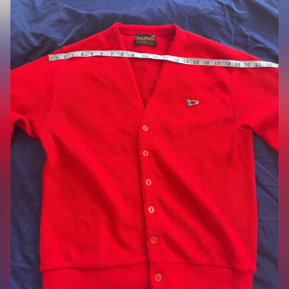 Vtg 60s 70s Sweater TURTLE Logo Red Mid Century Cardigan Challenger MENS M - Picture 4 of 8
